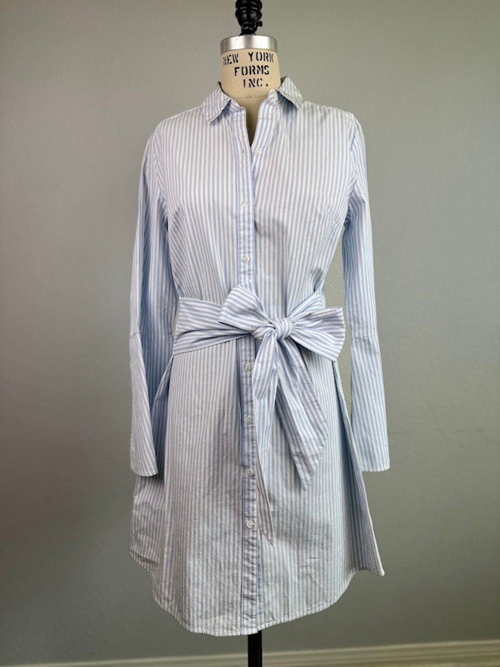 Striped Shirt Dress Wrap Tie Waist Bell Sleeves Blue White Size Small